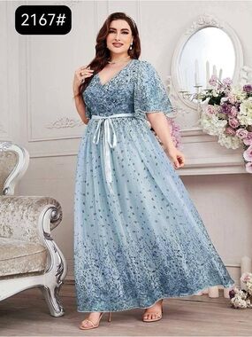 Light Blue Floral V-Neck Maxi Dress with Sash